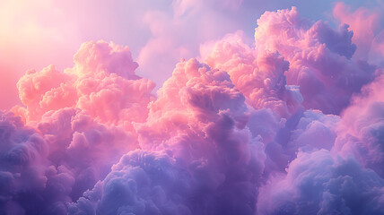 Dreamy scene of fluffy pink and purple clouds creating an ethereal and atmospheric sky.