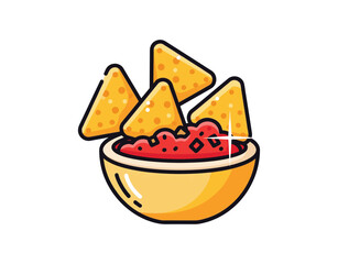 Icon of Mexican corn tortilla chips accompanied by salsa dip, set against a white background.