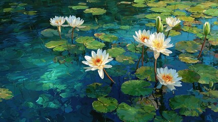 Water lilies, vibrant, still pond