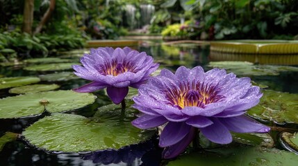 Purple water lilies on tranquil pond, lush tropical backdrop