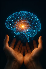 Human hand touches holographic heart