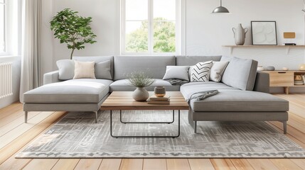 A bright Scandinavian living room with a grey sectional, a wooden coffee table, and a simple, elegant rug on light wooden floors.