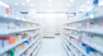 Abstract blur pharmacy background, brightly lit drugstore aisle with shelves of medicine, healthcare and medical retail concept for product display and presentation