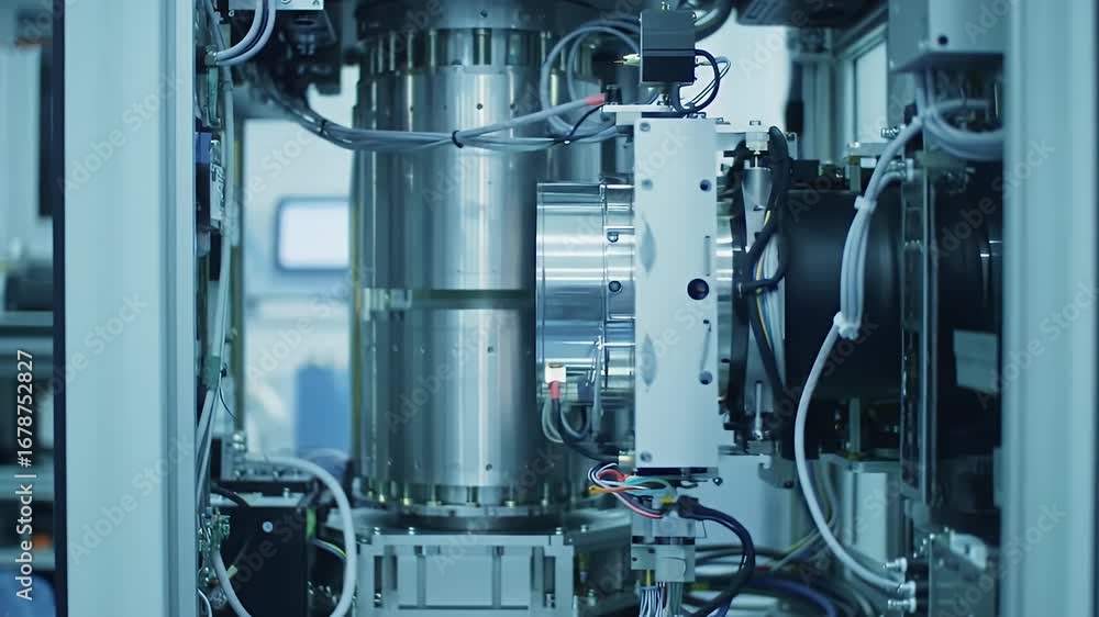 Poster detailed view of ion propulsion system prototype in a clean white and blue laboratory featuring adva