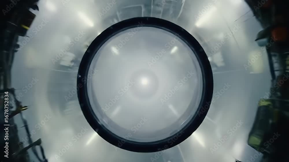 Poster detailed view of inside supersonic engine airflow tunnel featuring intricate mechanical and technolo