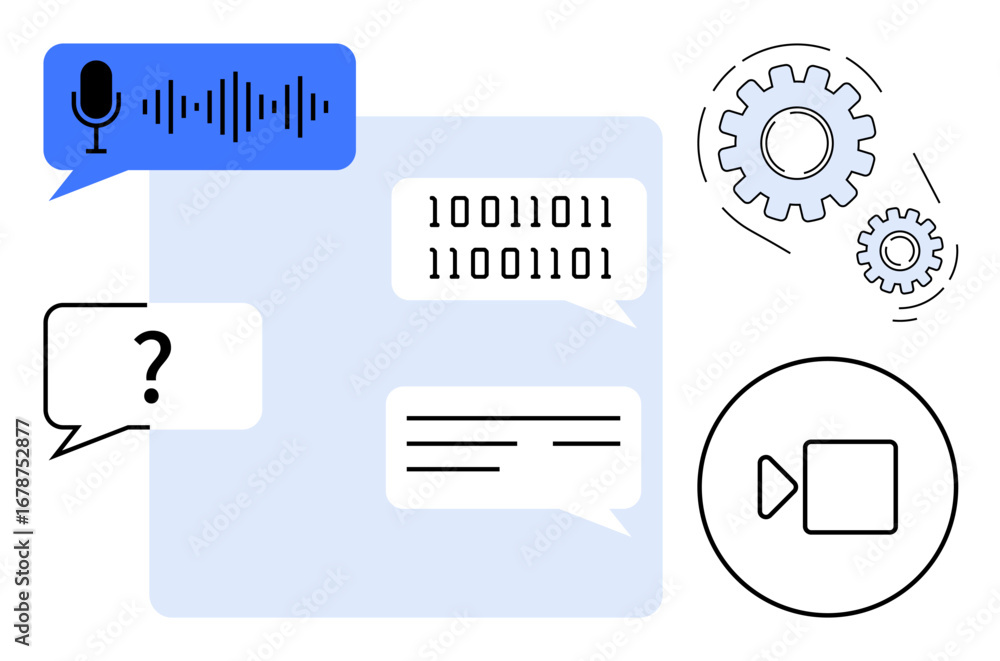 Poster speech bubble with microphone and sound waves, chat bubbles with binary text, cogwheels, and video c