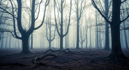 Obraz premium Eerie path through dark foggy forest with bare trees and twisted roots, spooky halloween background with mysterious woods in morning mist, scary nature