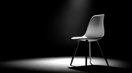 Minimalist empty white chair silhouette against a dark, moody background, high contrast, isolated, clean composition, professional stock photo style
