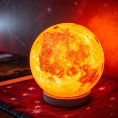 A glowing orange moon lamp on a red starry blanket in a dark room