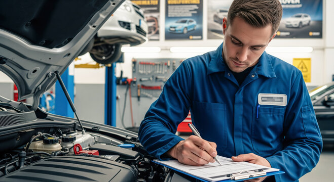 Closeup of focused auto mechanic writing a vehicle inspection report on clipboard, professional car service with an open engine hood in foreground.