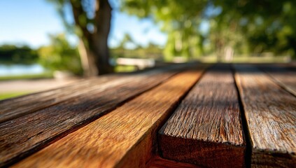 Close-up of weathered wooden planks forming a picnic table outdoors, park background