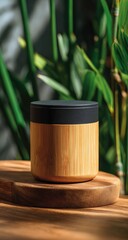 Bamboo jar with black lid, natural light, wooden tray, lush greenery