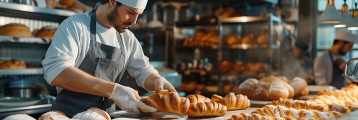 Baker prepares fresh bread in the bakery for sale in shop