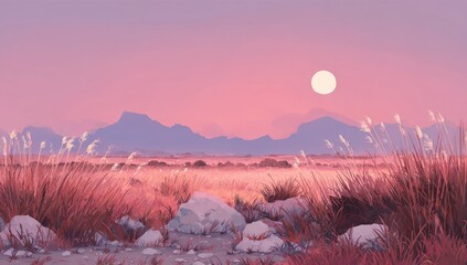 Pastel pink sunset over a grassy plain