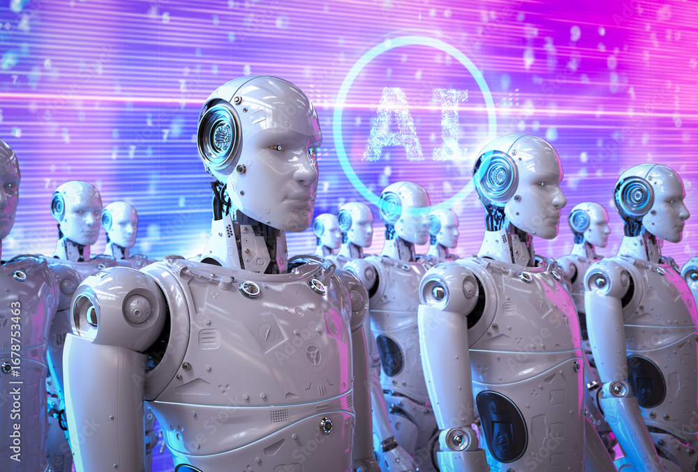 Poster ai technology with group of humanoid robots with graphic interface