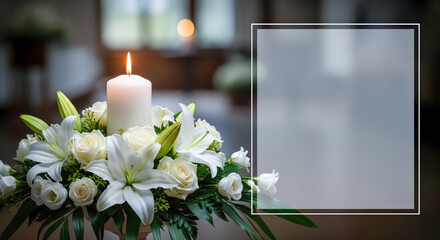 Funeral card template with burning candle and white flowers, condolence background with copy space for obituary text, memorial service announcement with floral arrangement.