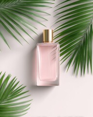 Pastel pink perfume bottle surrounded by tropical palm leaves on a light background