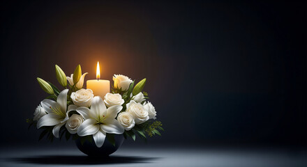 Memorial card with lily and rose arrangement, mourning and sorrow concept, celebration of life with candle flame, sad event with elegant floral bouquet.