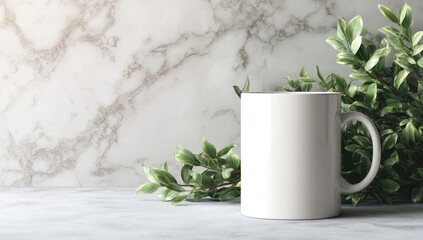 Blank white mug on marble surface with greenery