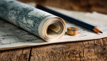 Rolled antique map or drawing on aged paper, with pencil, on wooden surface
