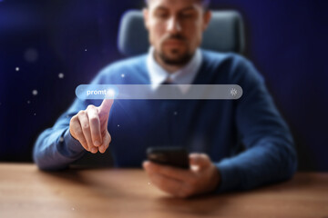 Individual interacting with a digital search bar on a smartphone in a dark office environment...
