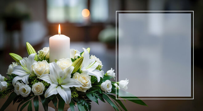 Funeral card template with burning candle and white flowers, condolence background with copy space for obituary text, memorial service announcement with floral arrangement.