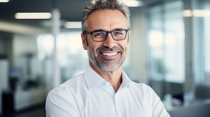 portrait of smiling and friendly looking middle aged attractive businessman