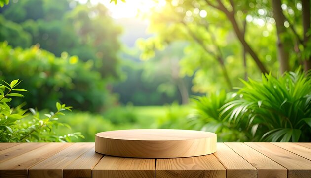 Wooden disc on a wooden surface in a lush garden setting