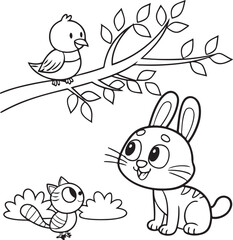 Cute Cartoon Animals Coloring Page Set – Bunny, Cat, Dog, Bear and Bird Line Art for Kids Activities
