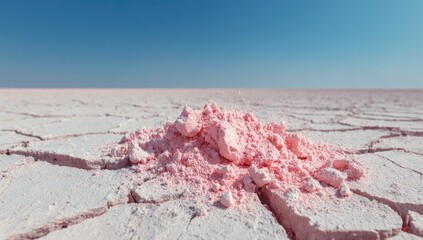 Pink salt mound on cracked white salt flats under a clear blue sky