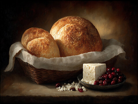 rustic arrangement of freshly baked bread with a golden crust