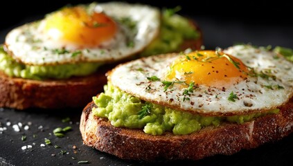 Two avocado toast topped with fried eggs