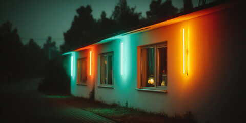 close-up of neon signs glowing brightly against a dark, rainy city street
