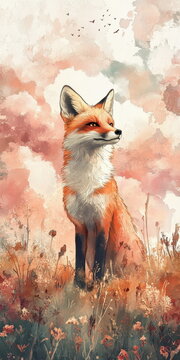 Vibrant fox in lush meadow nature scene artistic illustration colorful background whimsical perspective wildlife beauty
