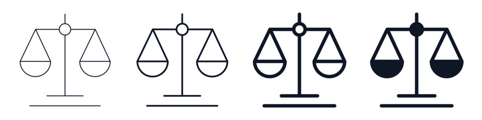 Balance scale icon. Justice scales flat icon set. Vintage weighing scale in equilibrium. Vector icon of law scales collection design. Vector illustration