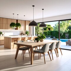 Modern kitchen and dining area overlooking pool