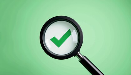 Magnifying glass highlighting a green check mark on a light background.