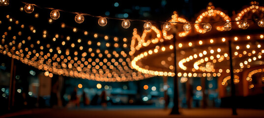 close-up of a brightly lit theater marquee at night, advertising a show or performance