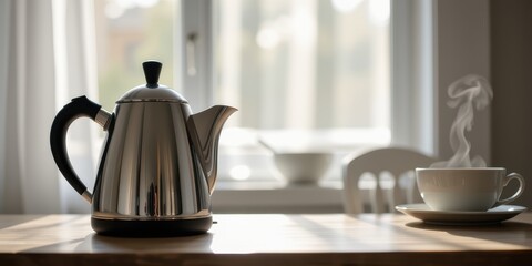 Shiny kettle beside a steaming cup of tea on a wooden table.
