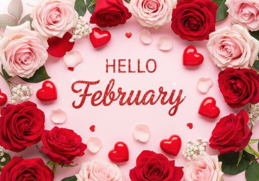 Hello february romantic floral arrangement with red and pink roses and hearts