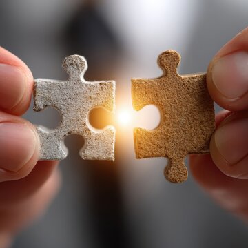 Puzzle piece connection business meeting concept image indoor office close-up view collaboration and problem-solving theme