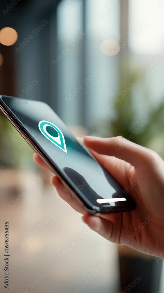 Poster smartphone location settings finger interaction on screen highlights privacy and modern technology i