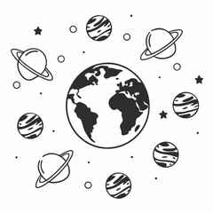 Minimilist earth surrounded by planets with rings and striped planets and stars in a black and white line drawing vector