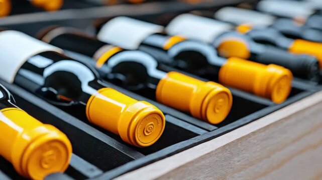 Collection of wine bottles arranged in display boxes showcasing varied colors and labels in a modern retail setting