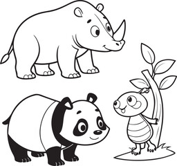 Cute Cartoon Illustration of Elephant, Panda and Bear with Tree – Animal Coloring Book Page for Kids