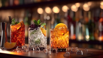 3D render of cocktail drinks with ice and garnish on bar counter