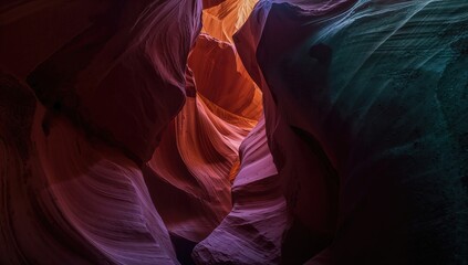 A breathtaking view of colorful sandstone formations in a narrow canyon illuminated by warm light