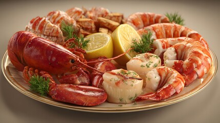 3D render of seafood platter with shrimp, lobster, and lemon