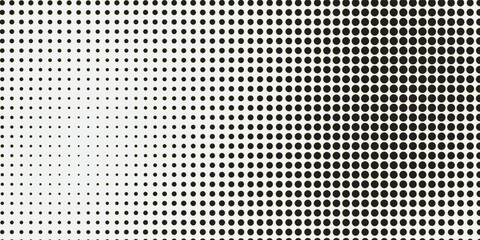 Half tone gradient. Dotted gradient, fine dot spraying and halftone dotted background seamless horizontal geometric pattern vector template set. vector illustration