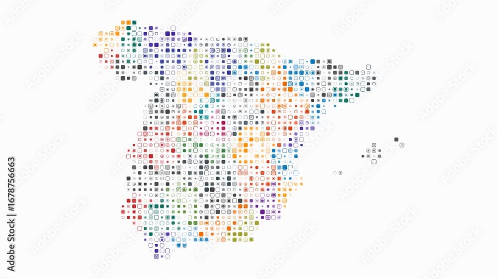 Aufkleber spain map animation. shape of the country with pulsating colored dots. small size rounded square blo